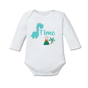 Schnullireich Baby Body (Langarm) mit Namen Kleiner Dino Weiß