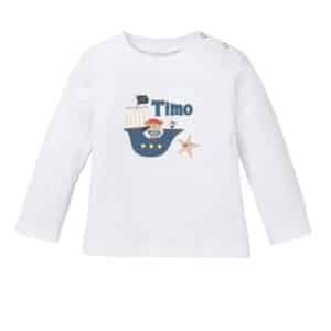 Schnullireich Baby Shirt (Langarm) mit Namen Kleiner Pirat Weiß