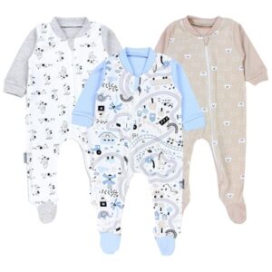 TupTam Baby Unisex Schlafstrampler mit Fuß 3er Pack blau/beige